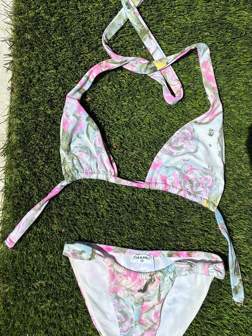 CHANEL Pastel Floral Triangle Bikini in Pink and Green